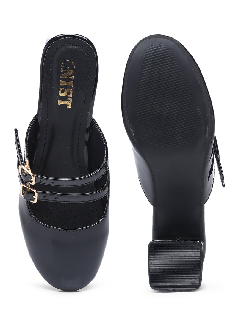 GNIST Structured Round Toe Mule Black Block Heel