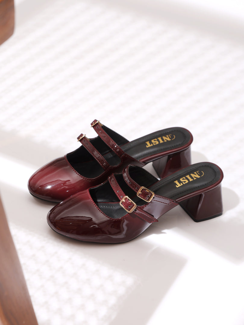 GNIST Structured Round Toe Mule Cherry Block Heel