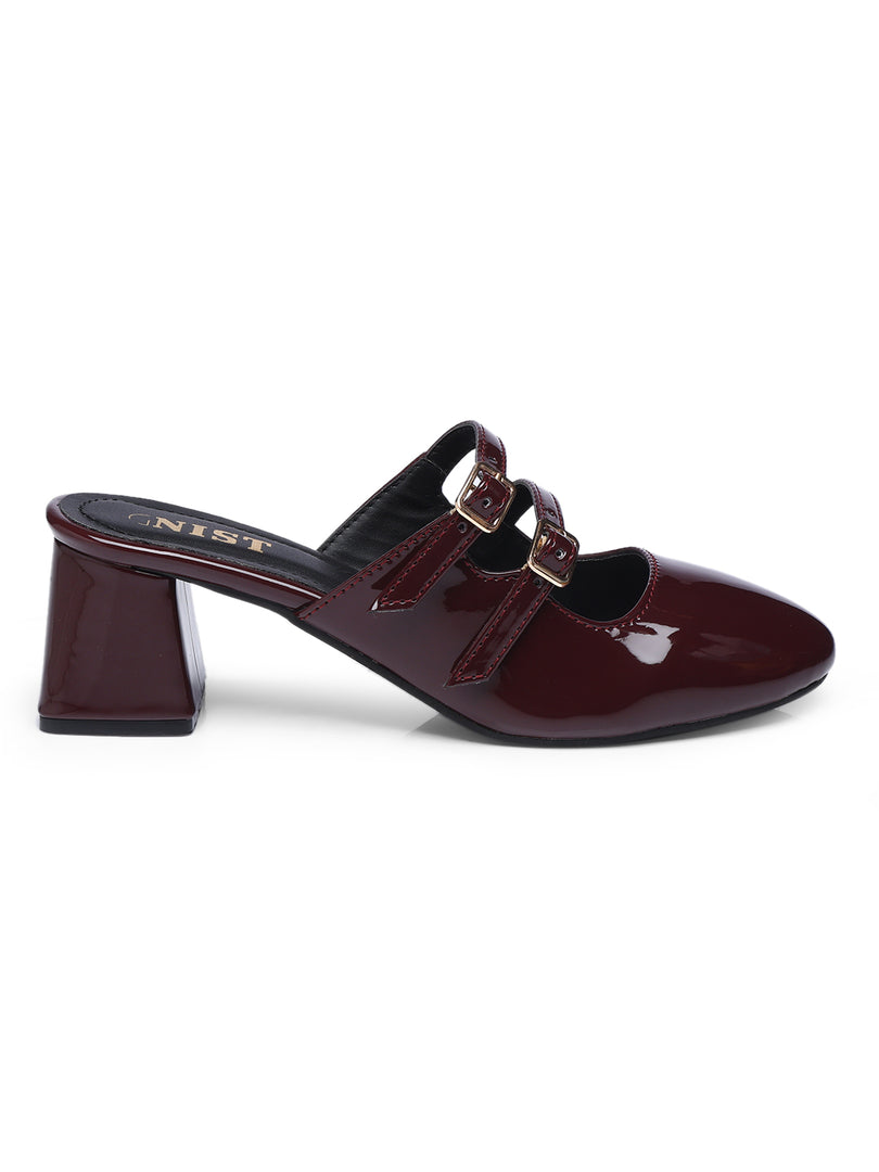 GNIST Structured Round Toe Mule Cherry Block Heel