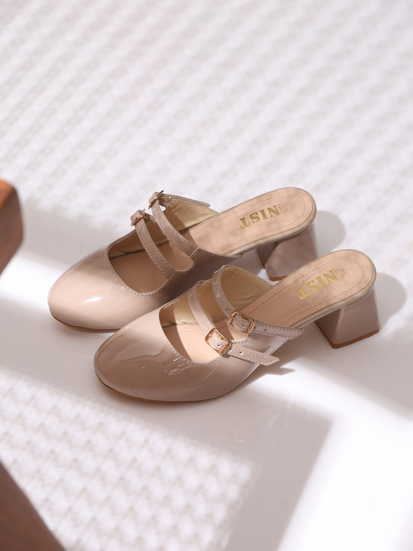 GNIST Structured Round Toe Mule Nude Block Heel