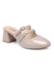 GNIST Structured Round Toe Mule Nude Block Heel