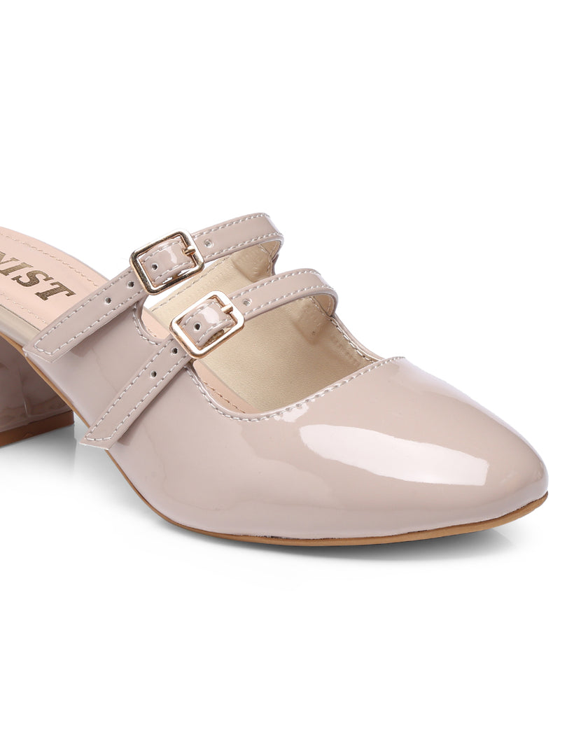 GNIST Structured Round Toe Mule Nude Block Heel