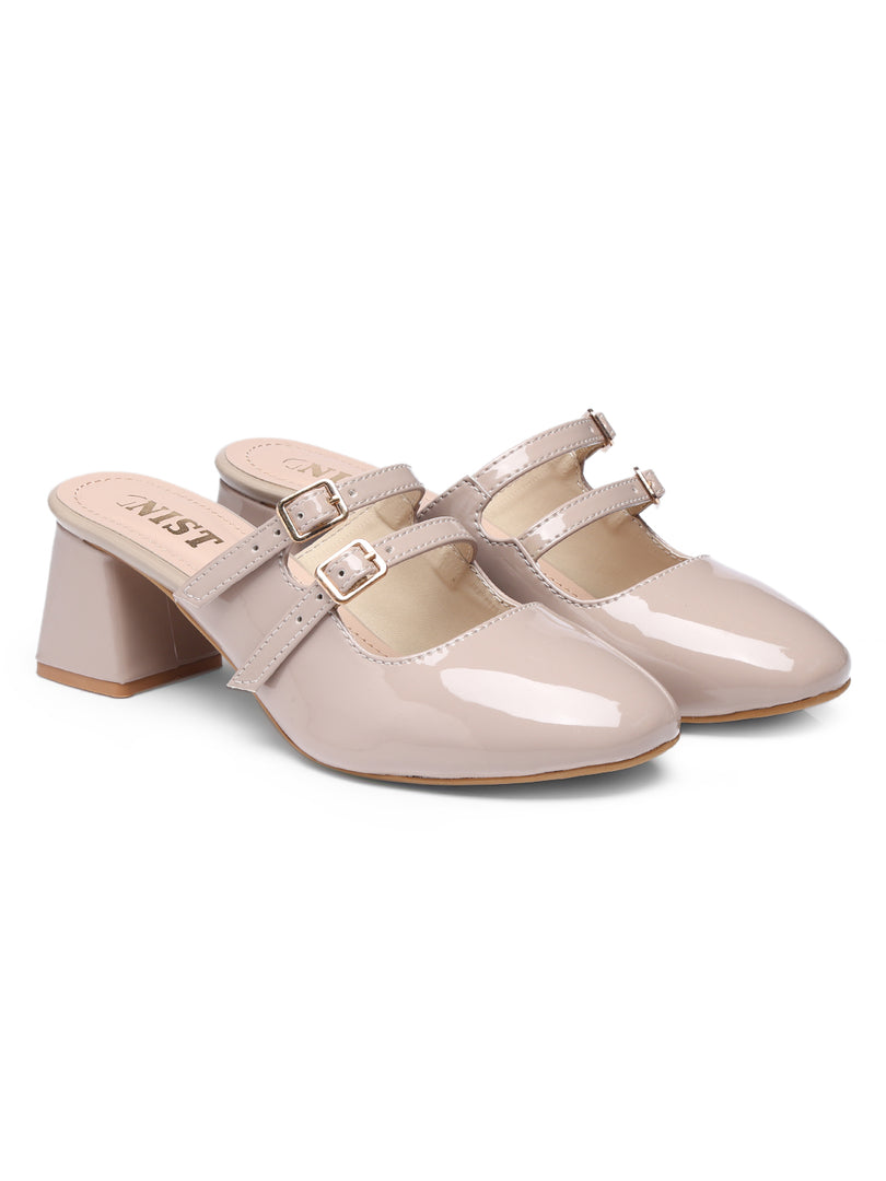 GNIST Structured Round Toe Mule Nude Block Heel
