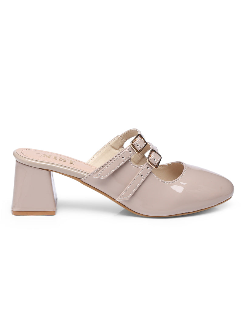 GNIST Structured Round Toe Mule Nude Block Heel
