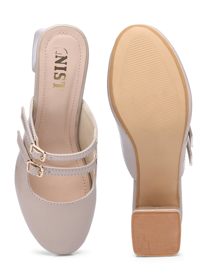 GNIST Structured Round Toe Mule Nude Block Heel