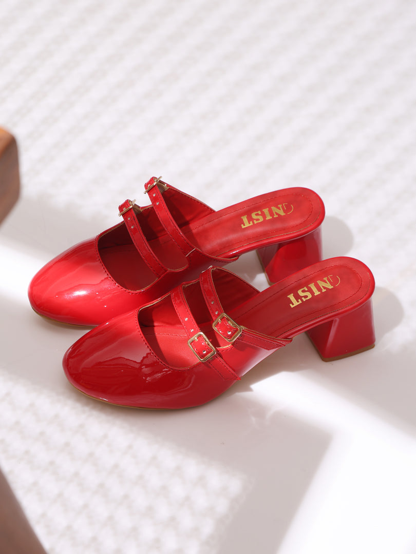 GNIST Structured Round Toe Mule Red Block Heel