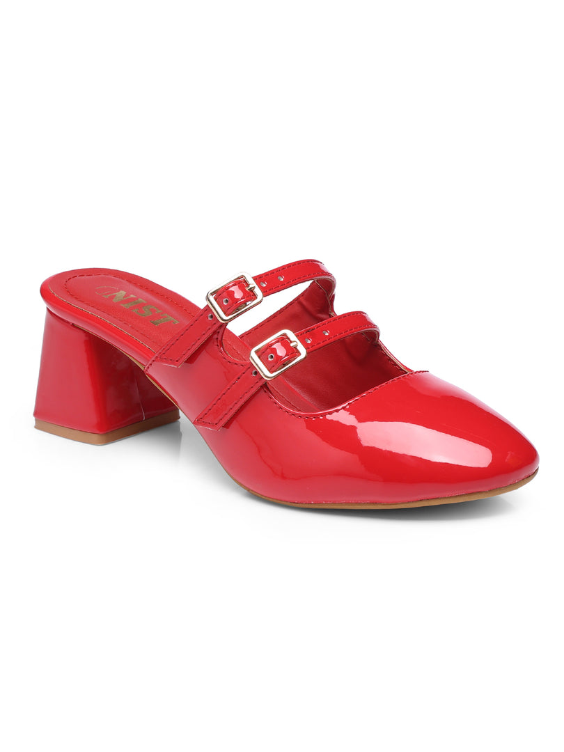 GNIST Structured Round Toe Mule Red Block Heel