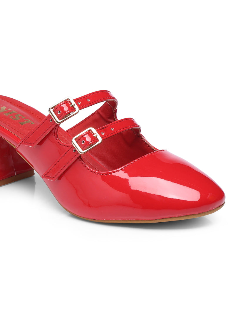 GNIST Structured Round Toe Mule Red Block Heel