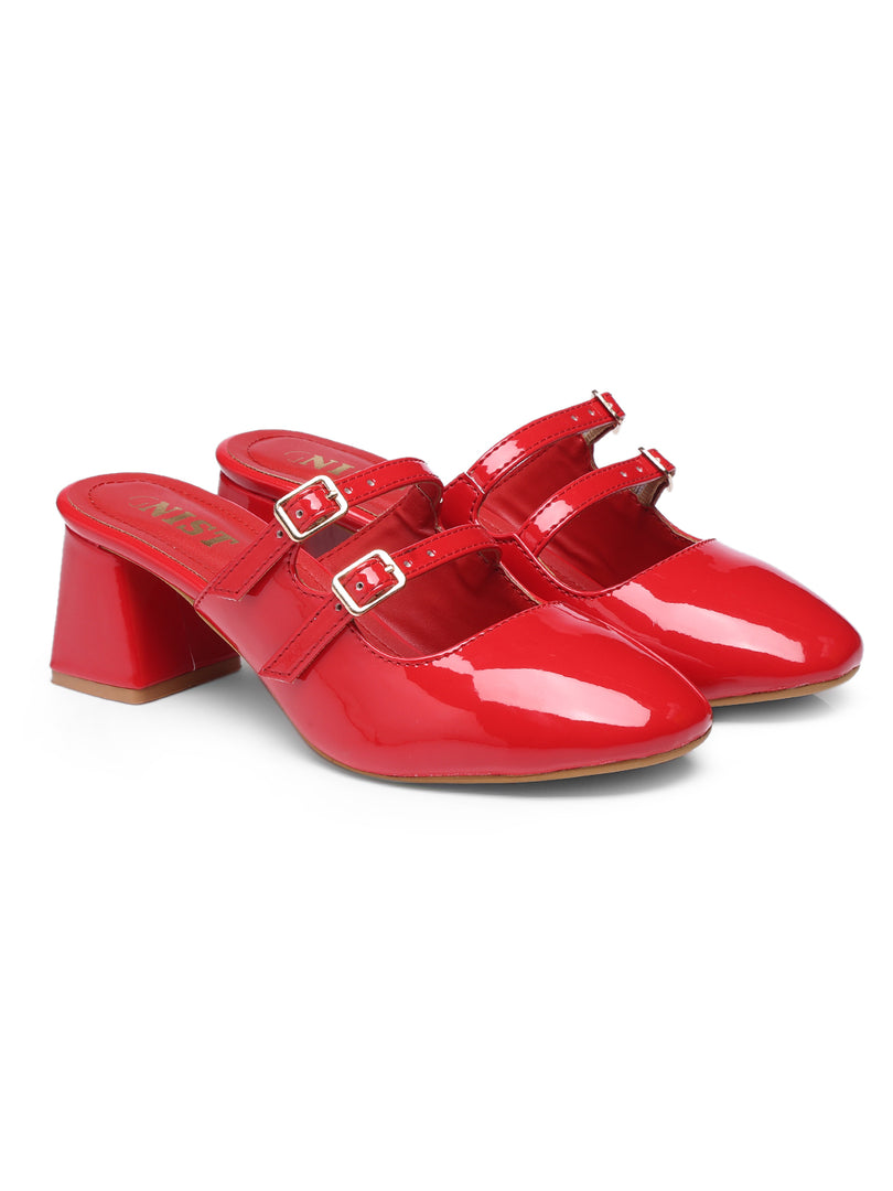 GNIST Structured Round Toe Mule Red Block Heel