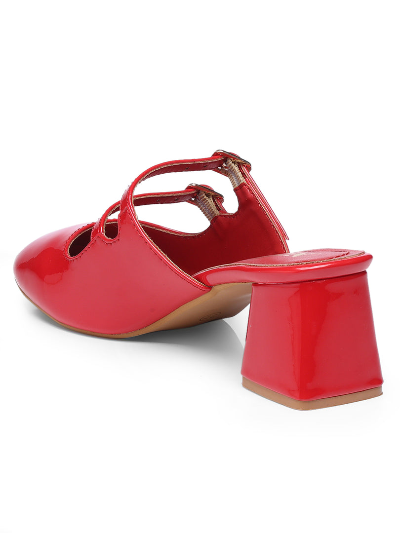 GNIST Structured Round Toe Mule Red Block Heel