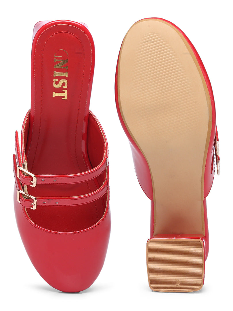 GNIST Structured Round Toe Mule Red Block Heel