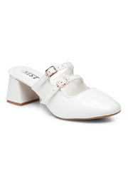 GNIST Structured Round Toe Mule White Block Heel