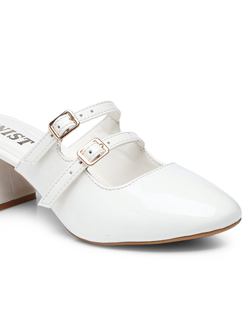 GNIST Structured Round Toe Mule White Block Heel