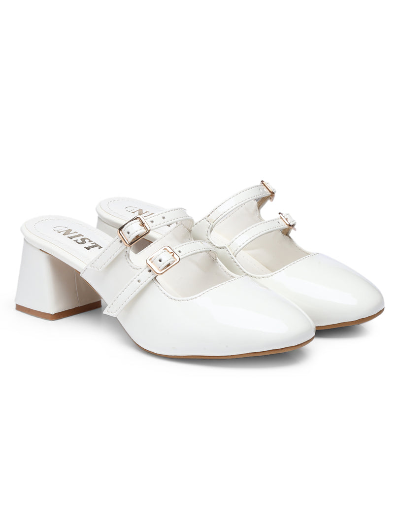 GNIST Structured Round Toe Mule White Block Heel