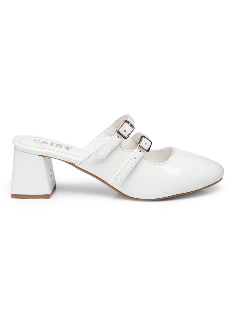 GNIST Structured Round Toe Mule White Block Heel