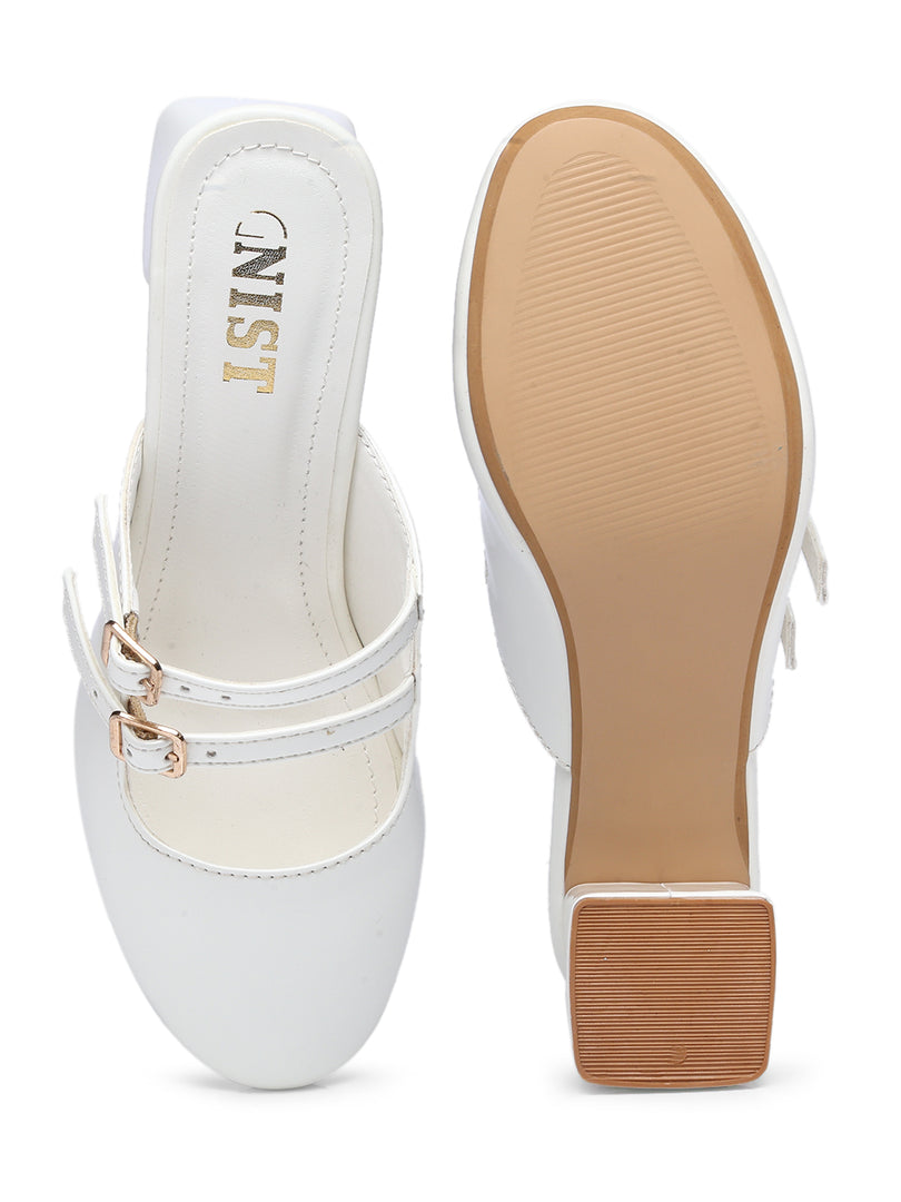 GNIST Structured Round Toe Mule White Block Heel