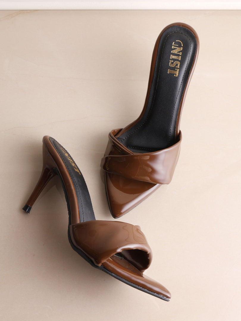 GNIST Open Toe Twisted Strap Brown Stilettos Heel