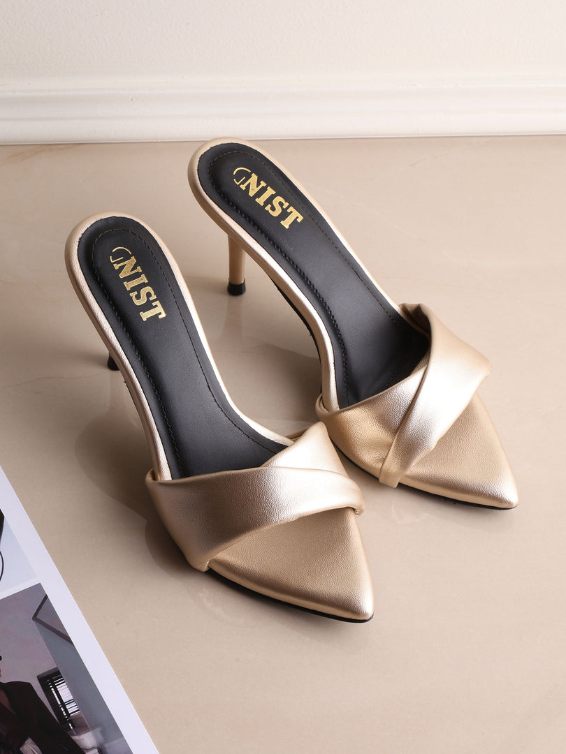 GNIST Open Toe Twisted Strap Gold Stilettos Heel