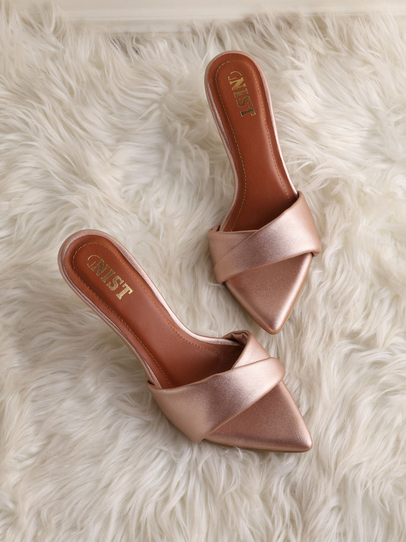 GNIST Open Toe Twisted Strap Rose Gold Stilettos Heel