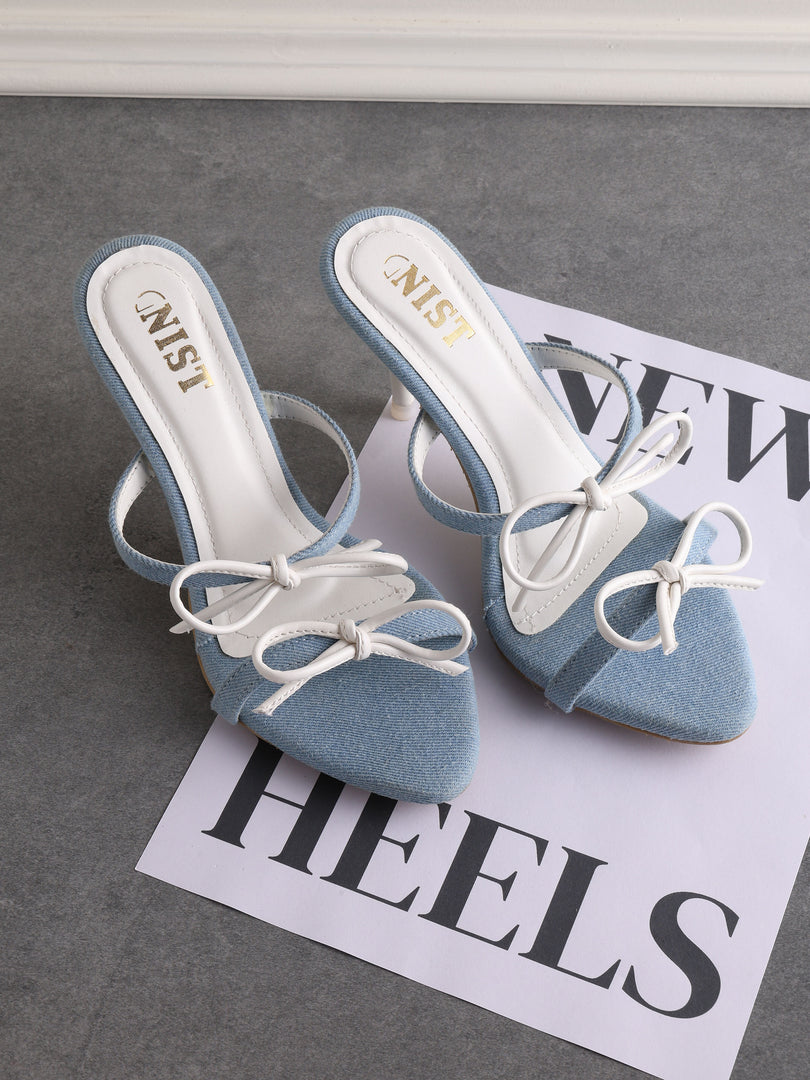 GNIST Double Bow Blue White Stilettos Heel