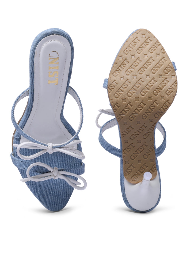 GNIST Double Bow Blue White Stilettos Heel
