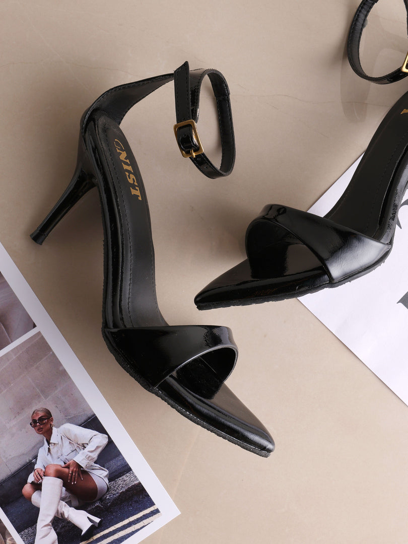 GNIST Pointed Ankle Strap Black Stilettos Heel