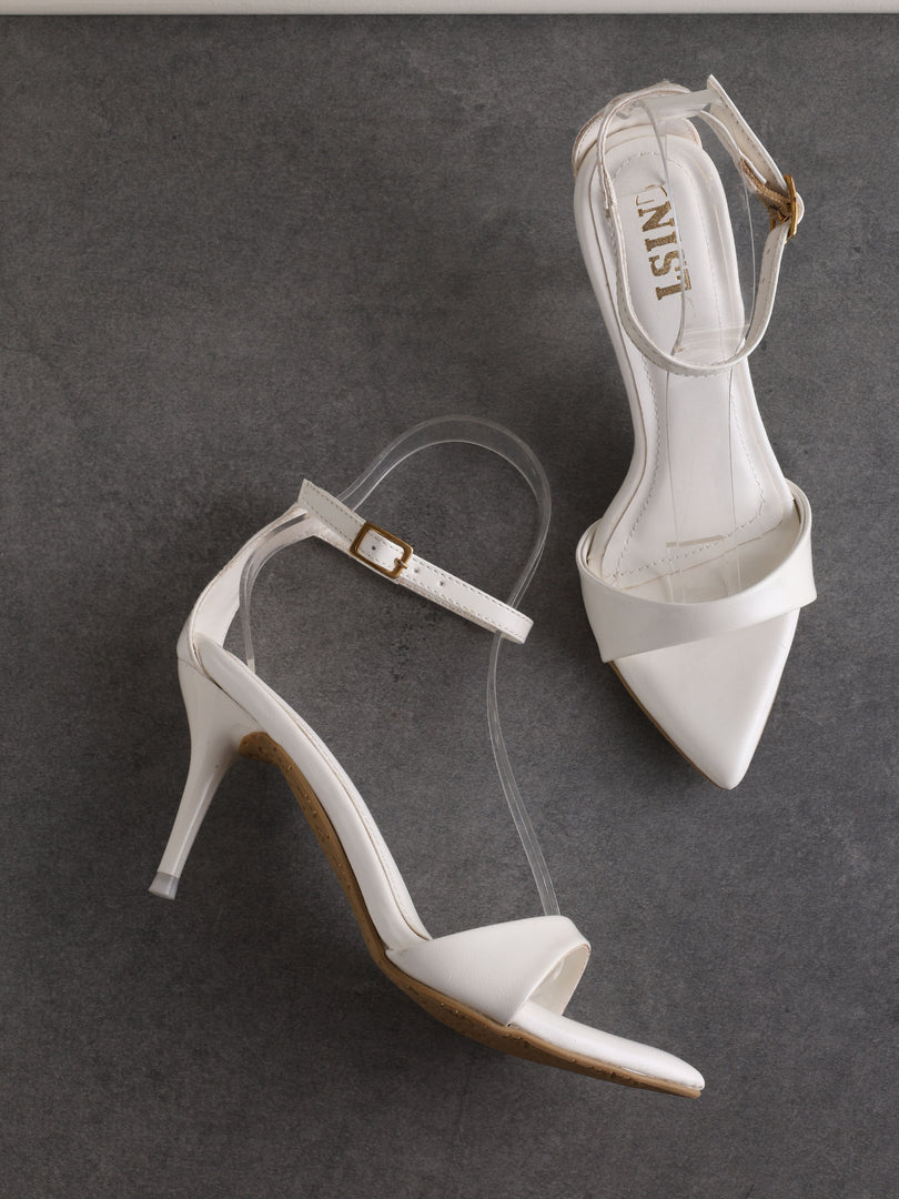 GNIST Pointed Ankle Strap White Stilettos Heel