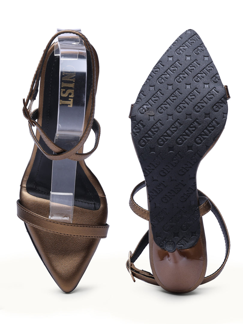 GNIST Pointed Ankle Strap Bronze Stilettos Heel