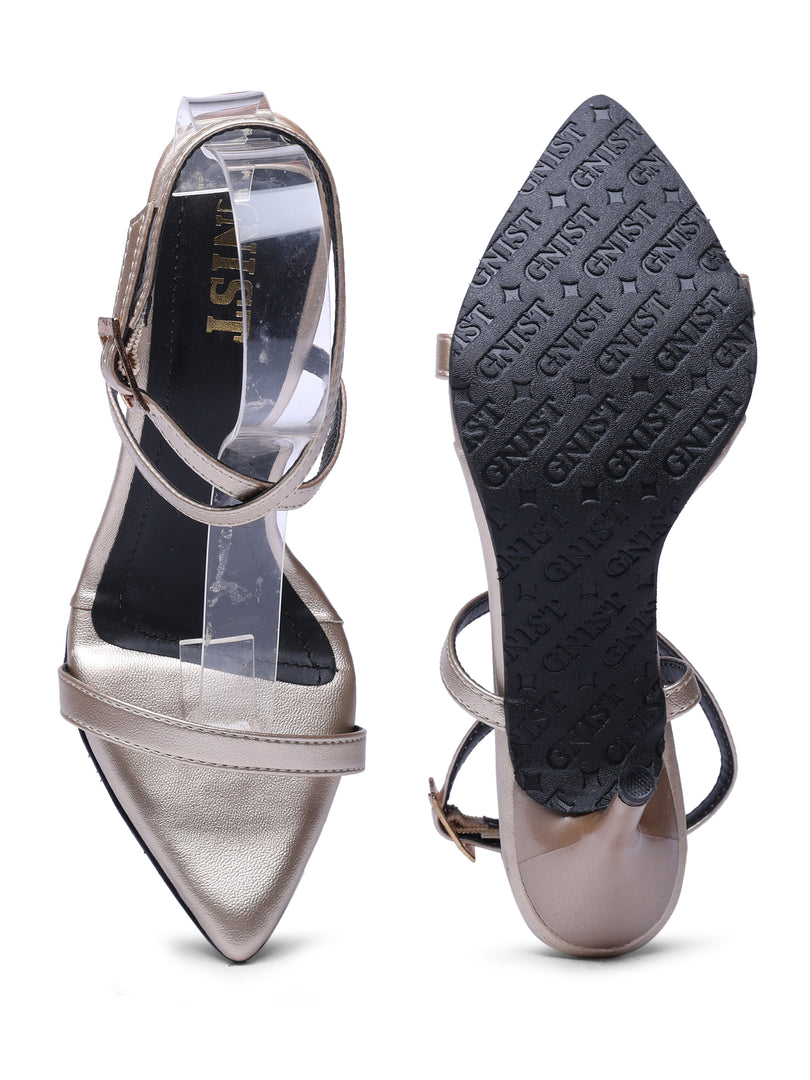 GNIST Pointed Ankle Strap Gold Stilettos Heel