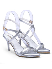GNIST Pointed Ankle Strap Silver Stilettos Heel