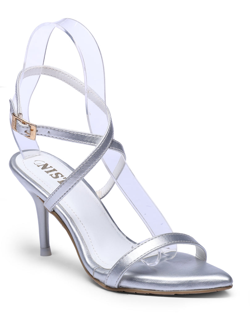 GNIST Pointed Ankle Strap Silver Stilettos Heel