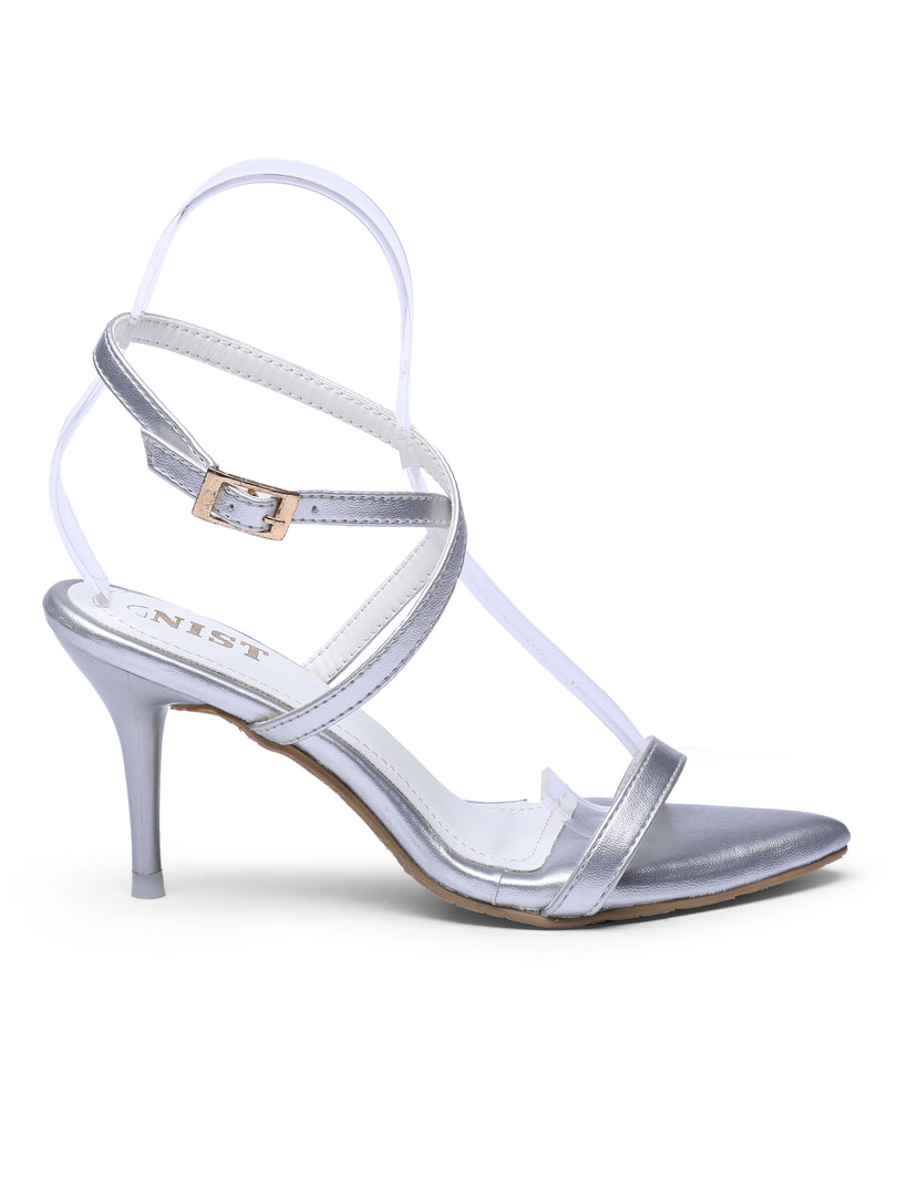 GNIST Pointed Ankle Strap Silver Stilettos Heel