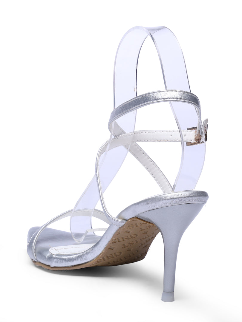 GNIST Pointed Ankle Strap Silver Stilettos Heel