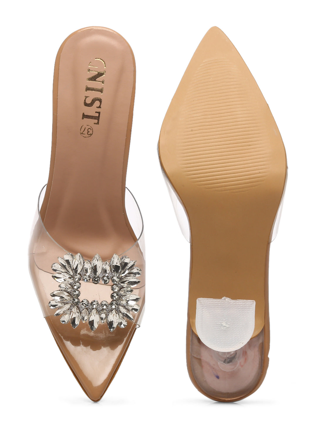 GNIST Pointed Embellished Transparent Beige Heels