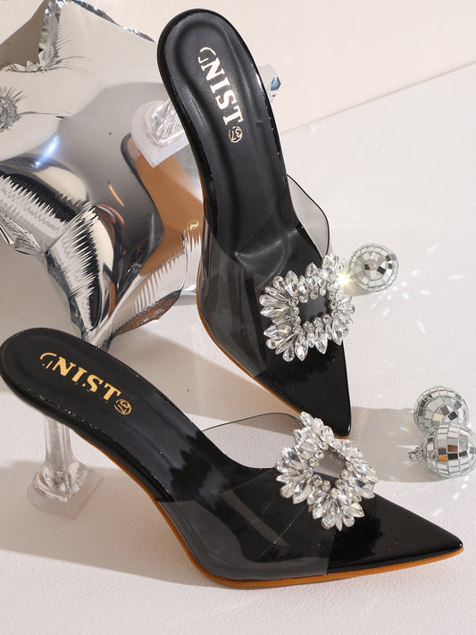 GNIST Pointed Embellished Transparent Black Heels