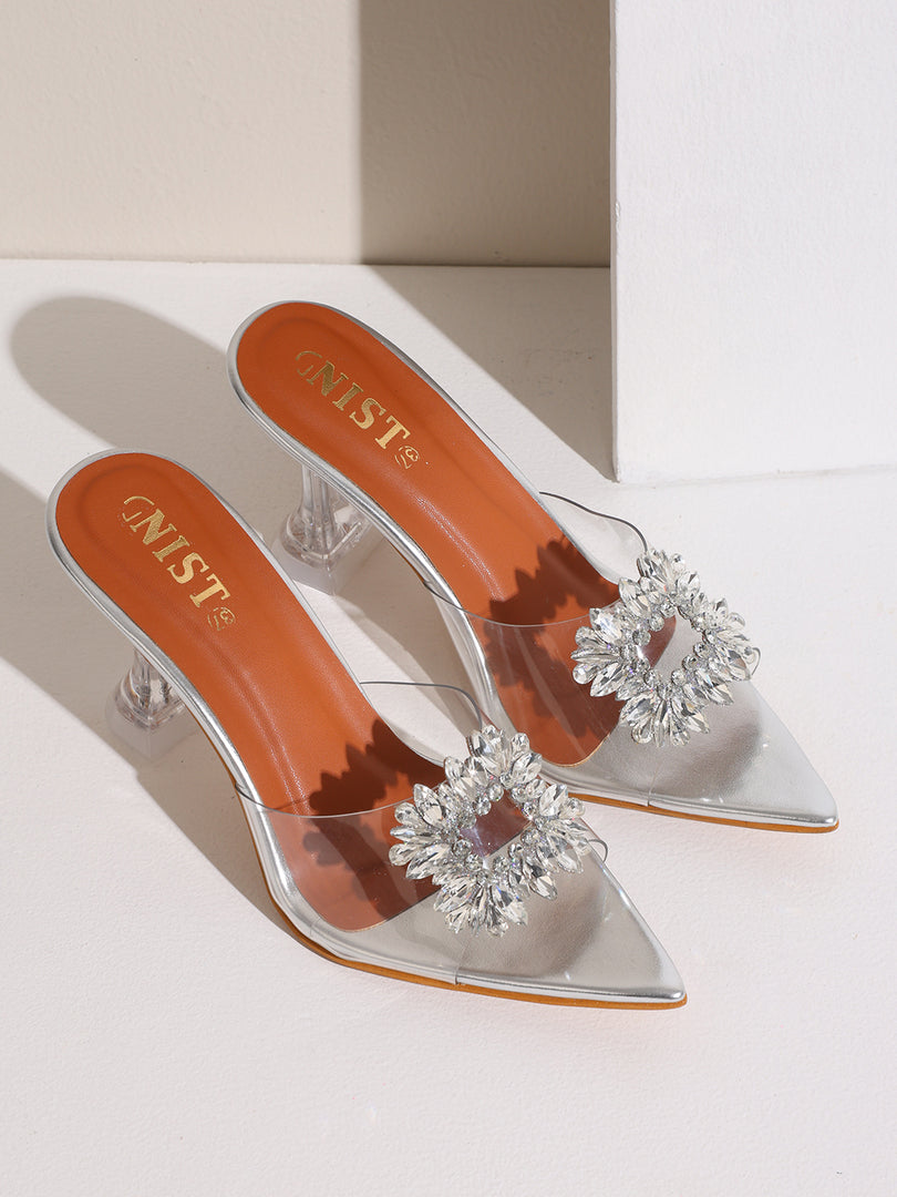 GNIST Pointed Embellished Transparent Silver Heels