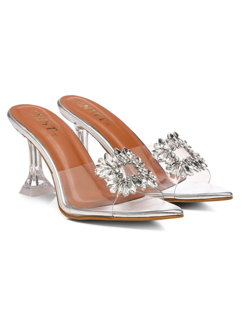 GNIST Pointed Embellished Transparent Silver Heels