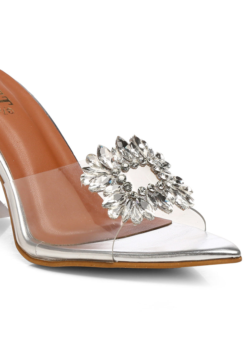 GNIST Pointed Embellished Transparent Silver Heels