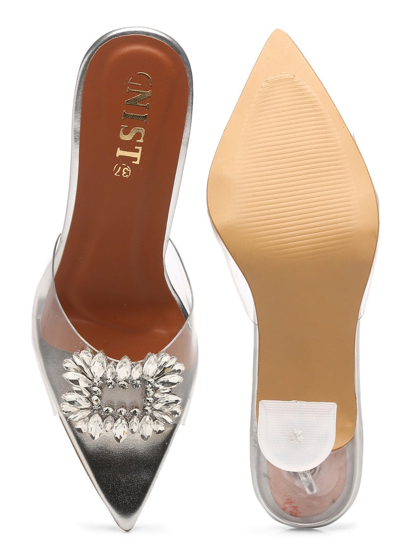 GNIST Pointed Embellished Transparent Silver Heels