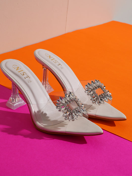 GNIST Pointed Embellished Transparent White Heels