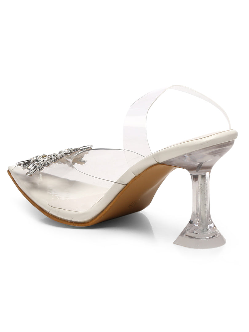 GNIST Round Rhinestone Studded White Pointed Stilettos