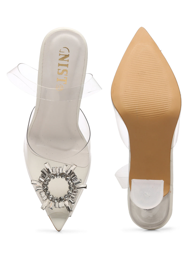 GNIST Round Rhinestone Studded White Pointed Stilettos