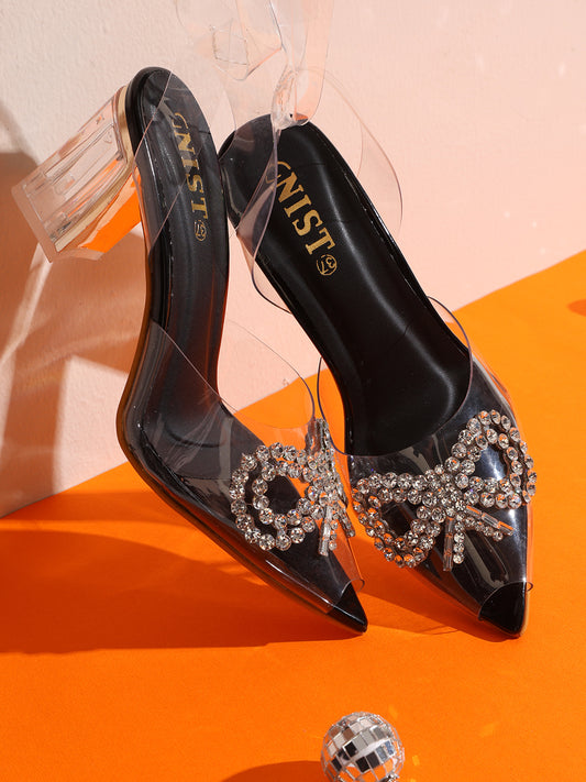 GNIST Black Pointed Embellished Transparent Bow Heels