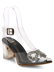 GNIST Black Pointed Embellished Transparent Bow Heels