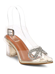 GNIST Gold Pointed Embellished Transparent Bow Heels