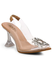 GNIST Square Embellished Beige Pointed Stilettos