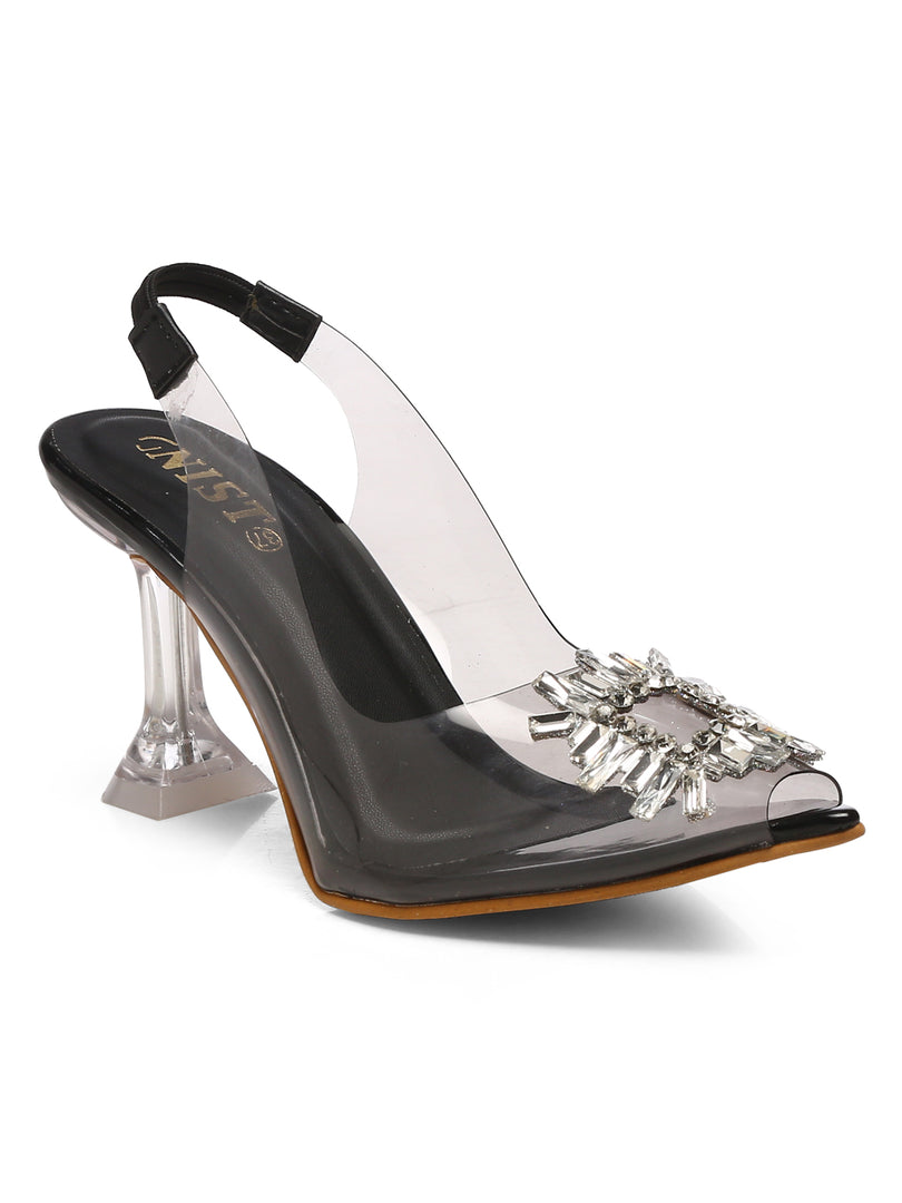 GNIST Square Embellished Black Pointed Stilettos