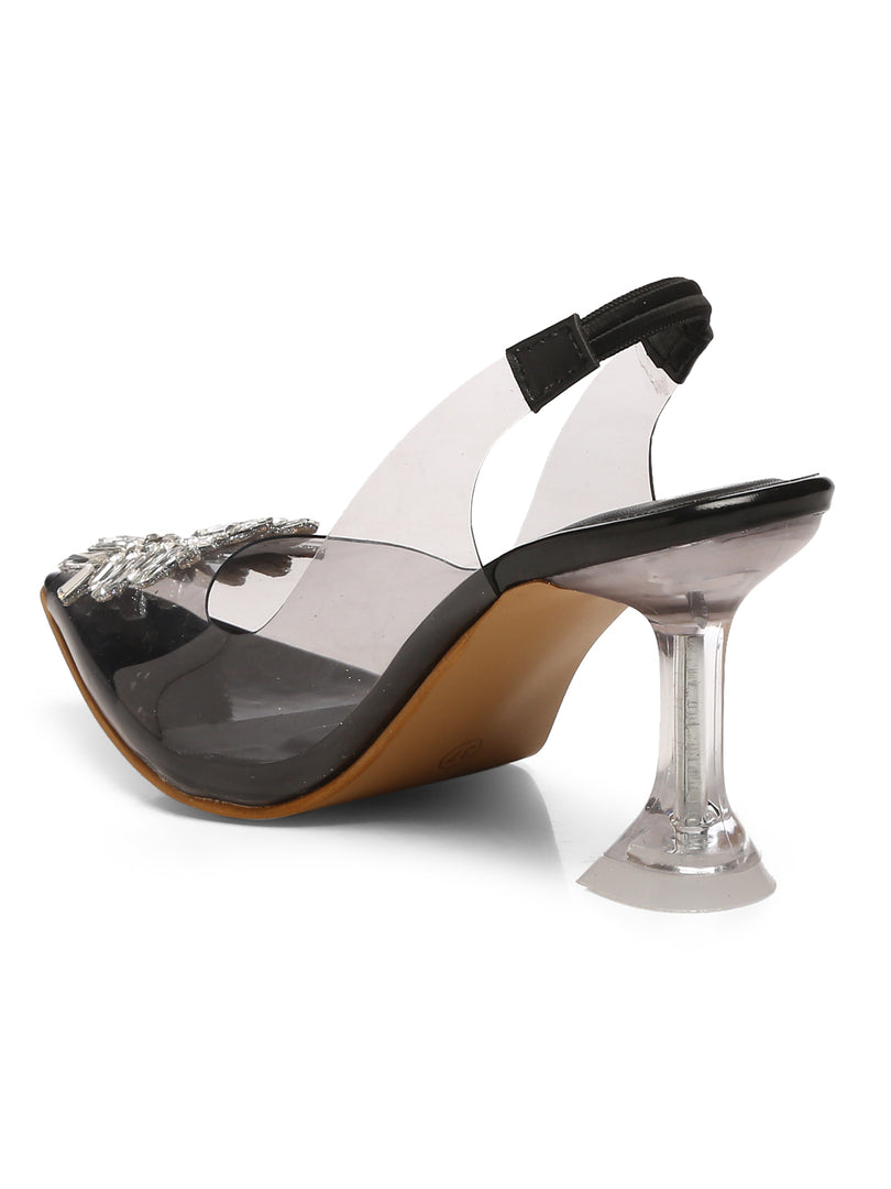 GNIST Square Embellished Black Pointed Stilettos