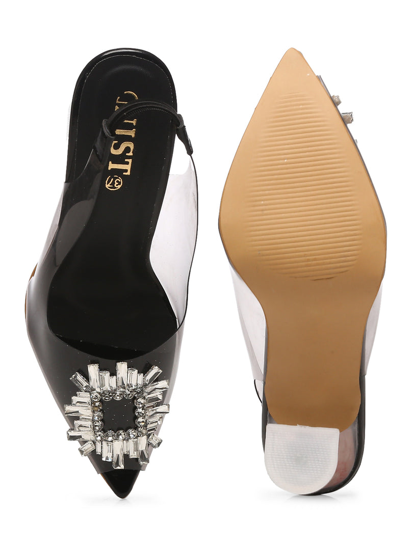 GNIST Square Embellished Black Pointed Stilettos