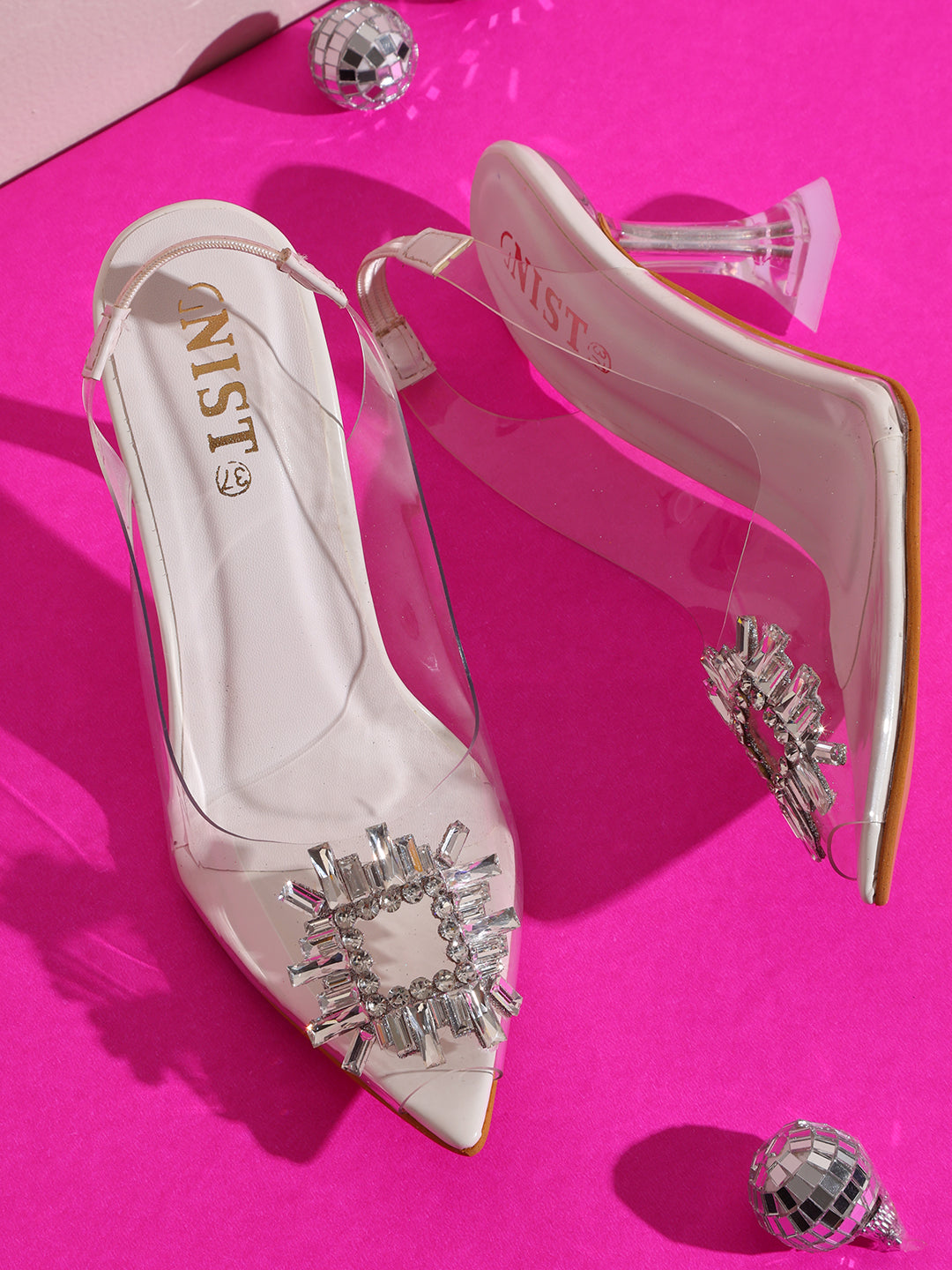 GNIST Square Embellished White Pointed Stilettos